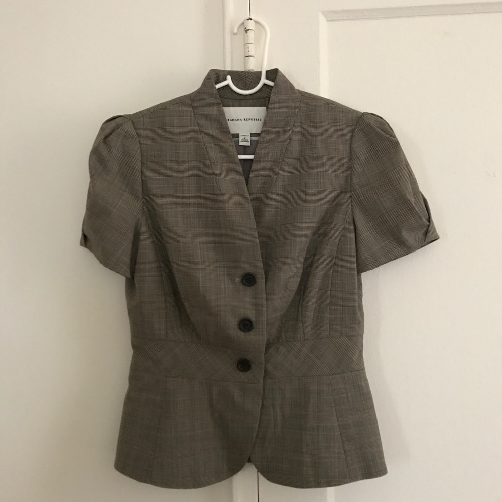 Banana Republic Plaid Short-Sleeve Blazer in Taupe/Gray